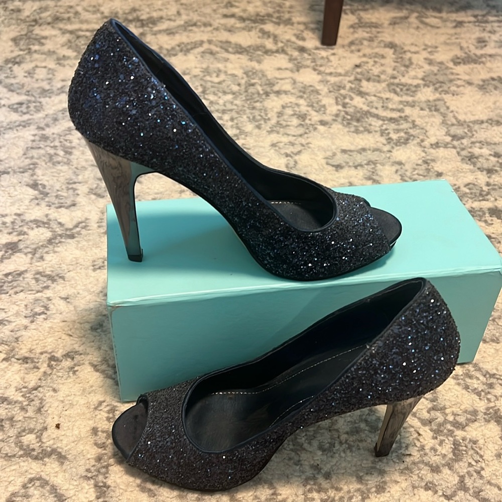 Nine West Black Glitter Peep Toe Stiletto Pumps